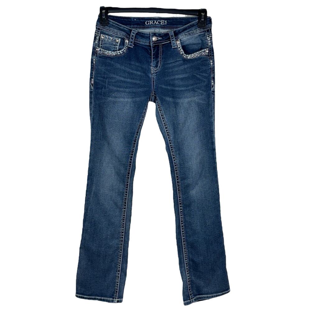 Grace in LA SZ 28 Bootcut Jeans Embroidered Low-Rise Stretch Zip-Fly Whiskered